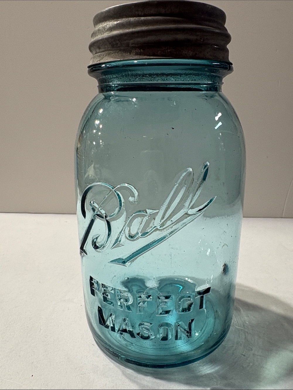Antique Ball Perfect Mason Aqua blue Glass Jar with Zinc Metal Lid 1 quart #4